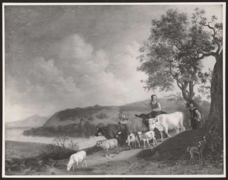 Pastorella con mucca e pecore